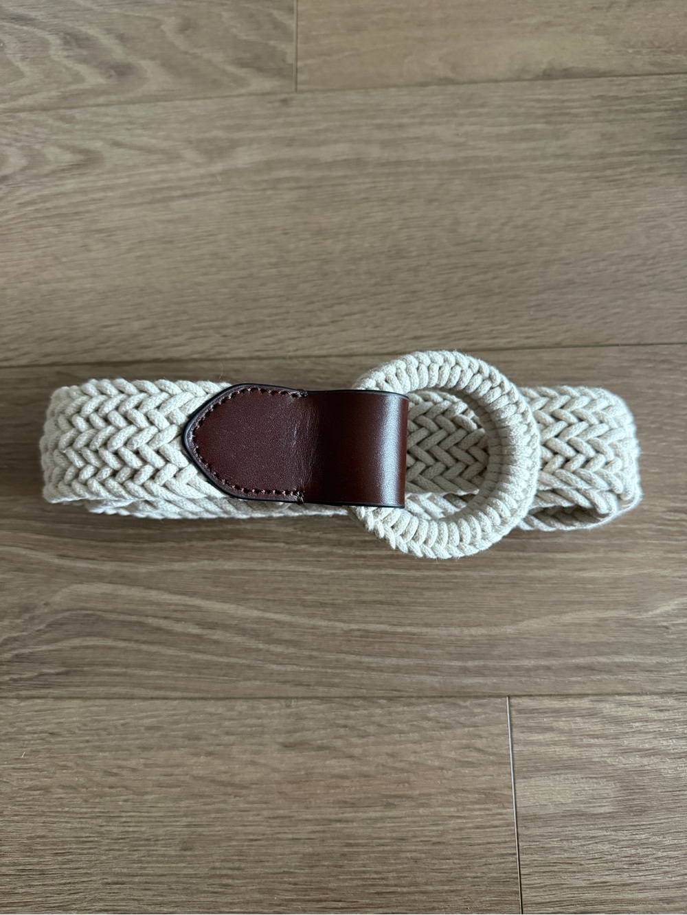 Women’s Woven Cotton Rope Belt with Brown Leather Accent - Cream - XL 44”